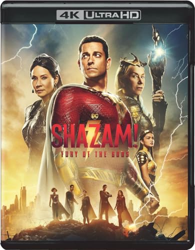 Shazam! Fury of the Gods" Blu-ray cover featuring superhero characters.