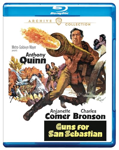 Blu-ray cover for "Guns for San Sebastian" with a man and cannon.