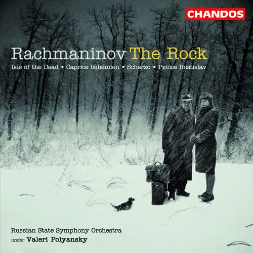 CD cover: snowy forest with two figures and a dog, Rachmaninov album.