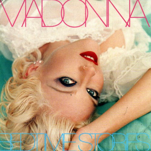 Madonna lying down with blonde hair, red lipstick, and white clothing on a teal background.