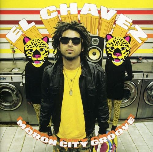 Album cover: man with sunglasses flanked by leopard-headed figures and washing machines.