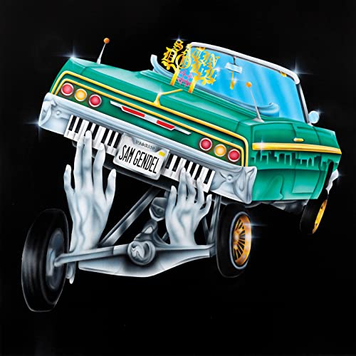 Green car with piano keyboard as bumper, supported by ghostly hands.
