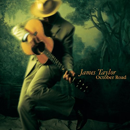 James Taylor album cover, man with guitar in a suit, green background.