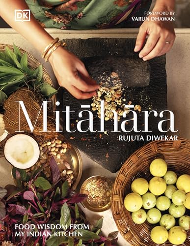 Book cover: “Mitahara” with food, hands, and a mortar and pestle.