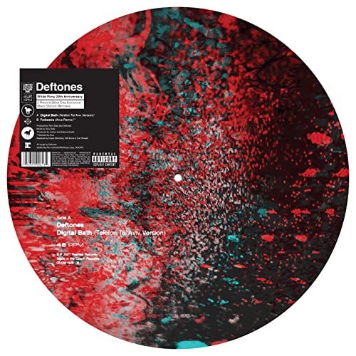 Deftones vinyl record with red and white abstract splatter design.