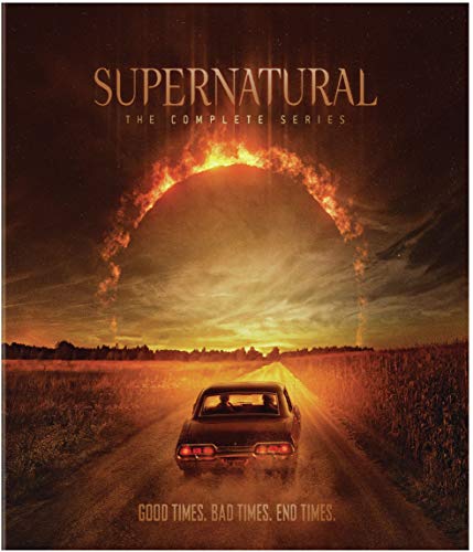 Supernatural" complete series DVD cover with a car driving towards a fiery arch.