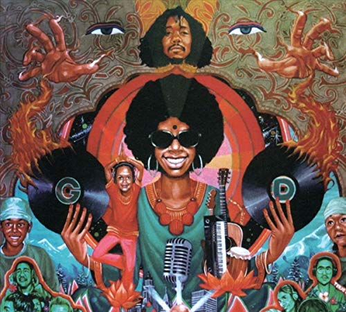 Colorful album cover featuring musicians and record imagery, psychedelic style.