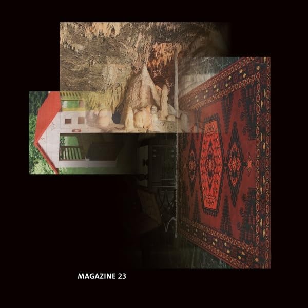 Collage of a house, cave interior, and patterned red rug on black background.