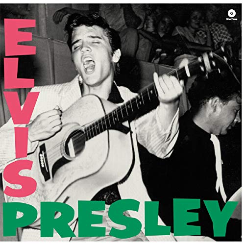 Black and white photo of Elvis Presley singing and playing guitar with pink text.