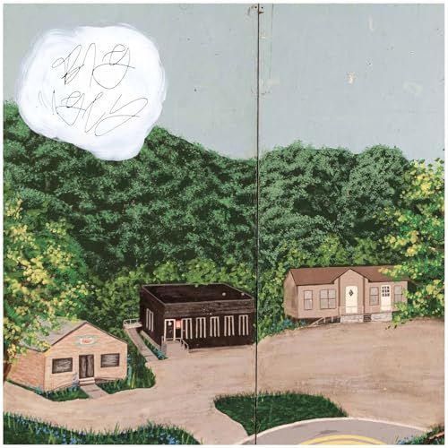 Painted image of small buildings and trees with a white scribble.