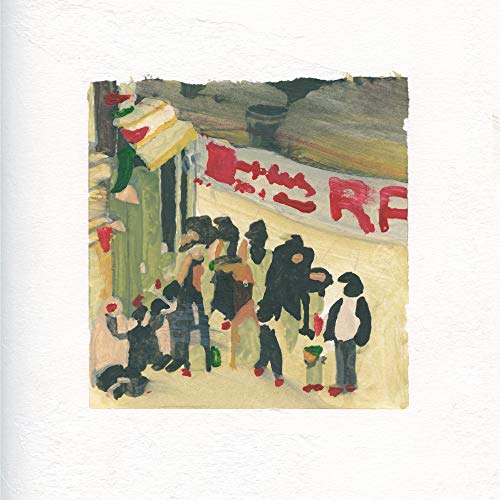 Painted album cover depicting a crowd before a building with signage.