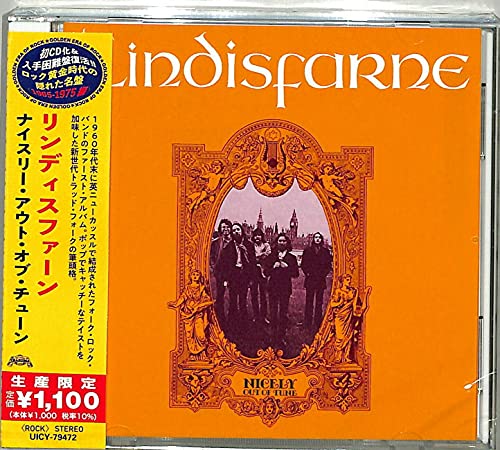 Lindisfarne CD case with orange cover, ornate frame, and band portrait.