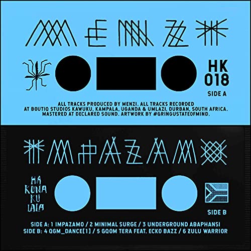 Vinyl record labels featuring stylized tribal typography on blue and black backgrounds.