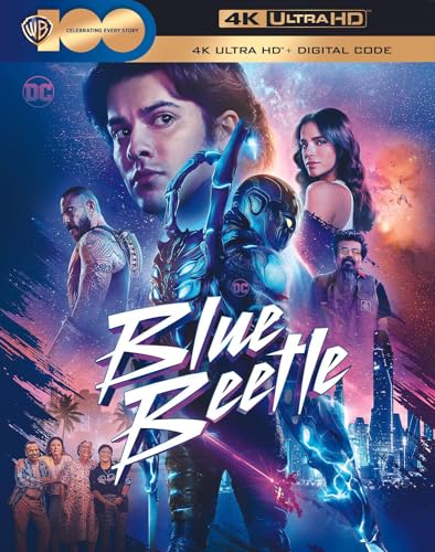 Blue Beetle" Blu-ray cover featuring the superhero and supporting cast.