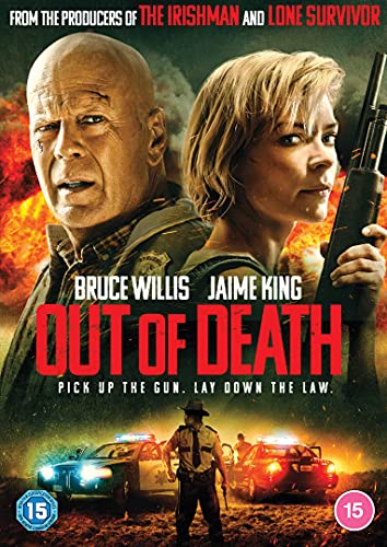 Bruce Willis and Jaime King on "Out of Death" DVD cover, action scene.