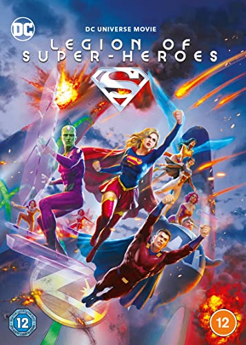 Supergirl and other DC superheroes flying through a chaotic, fiery battle scene.