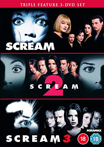 DVD cover for horror film trilogy “Scream” featuring frightened faces.