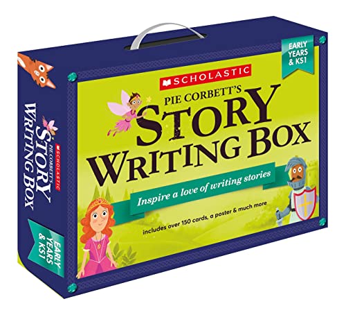 Blue story writing box with fairytale illustrations and text.