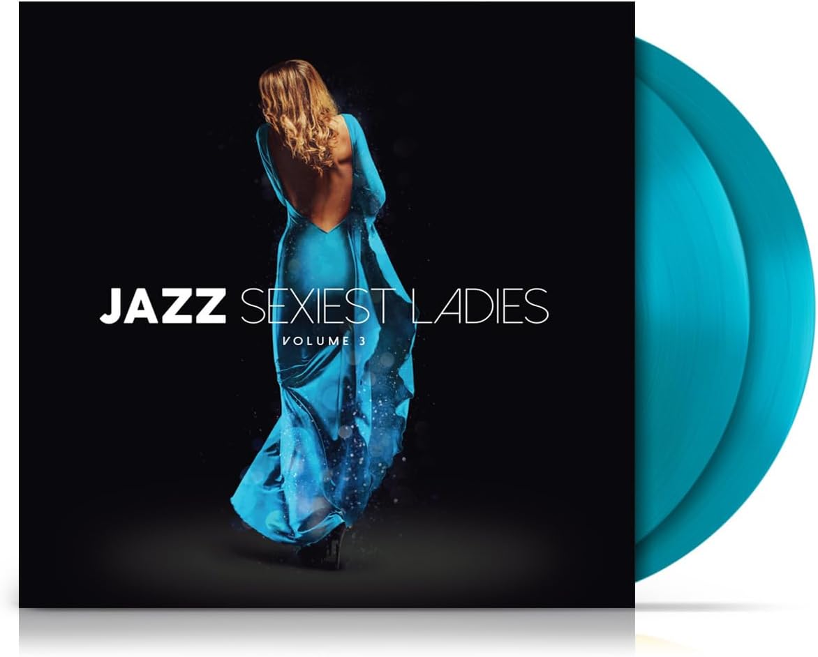 Vinyl record cover with woman in blue dress, and two blue records.