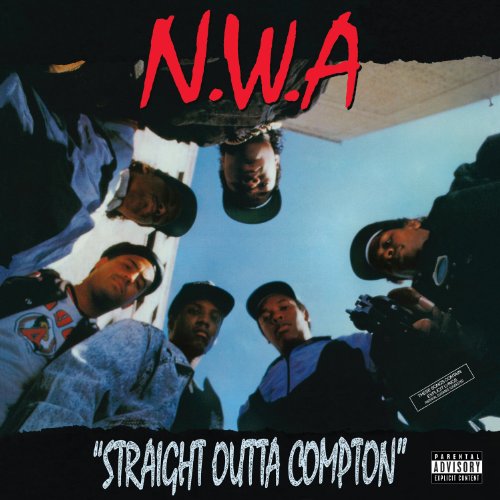 N.W.A. album cover, group portrait from a low angle, "Straight Outta Compton".