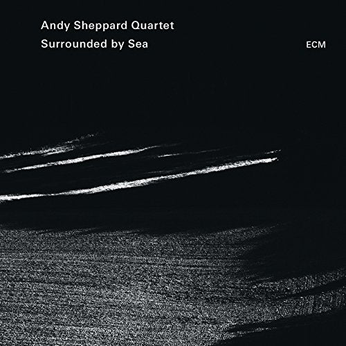 CD cover for Andy Sheppard Quartet’s “Surrounded By Sea” with abstract wave imagery.