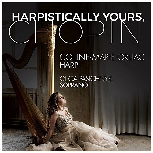 CD cover: harpist Coline-Marie Orliac with a golden harp, text "Chopin".