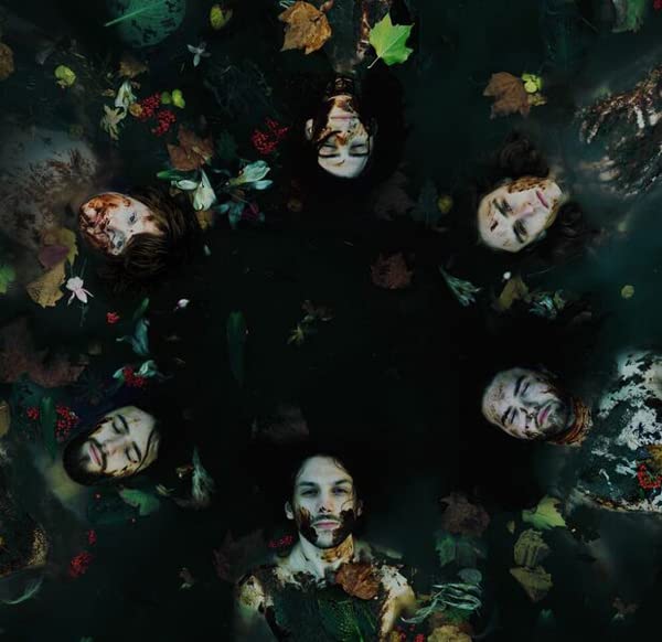Six faces surrounded by leaves and berries in dark water.