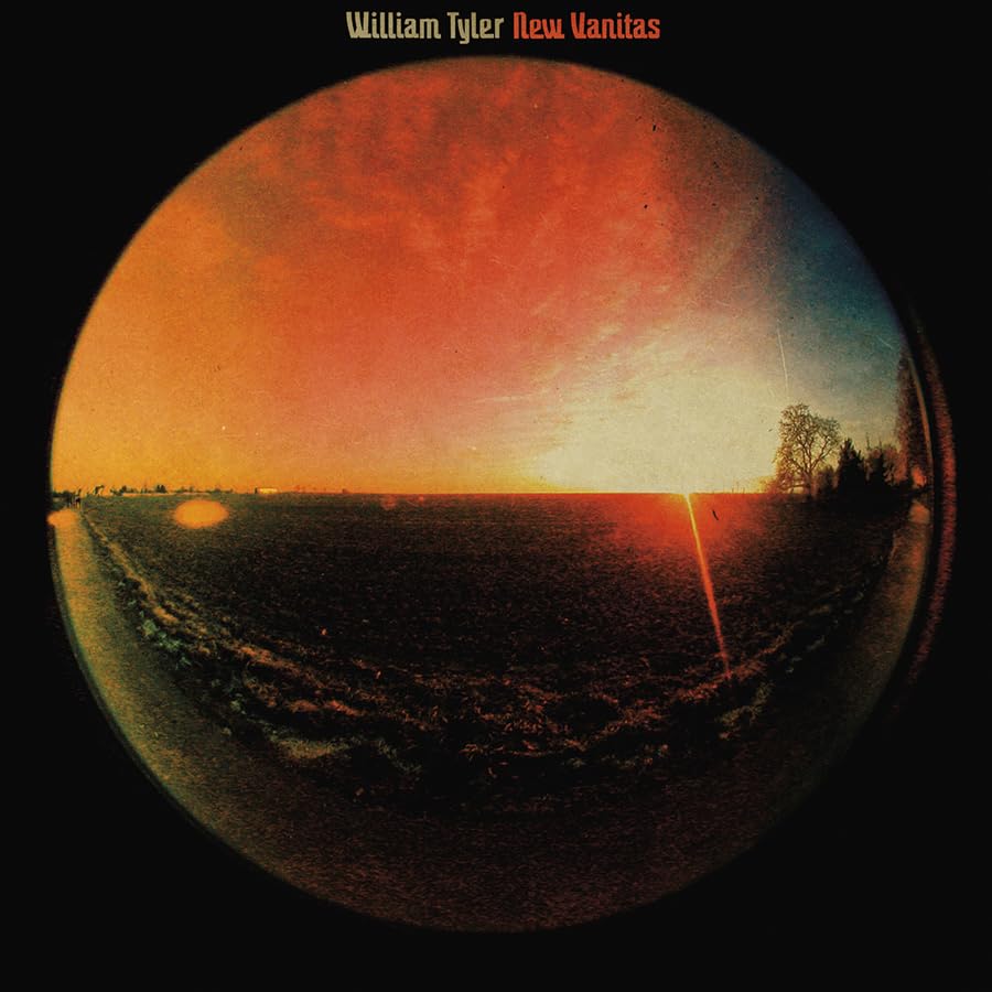 Album cover for William Tyler's “New Vanitas” with a fiery sunset landscape.