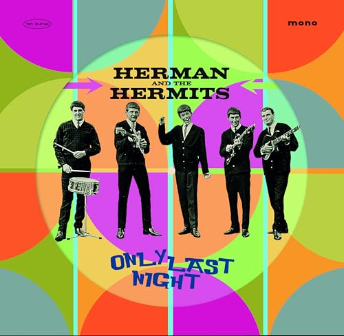 Hermans Hermits album cover, colorful swirl background, band photo, “Only Last Night.”