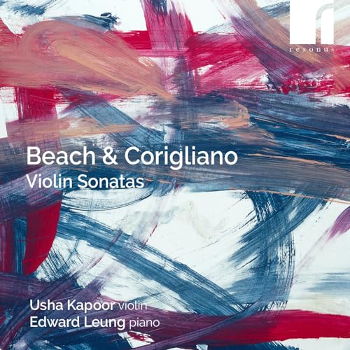 CD cover with abstract red and blue brushstrokes, text naming composers and performers.