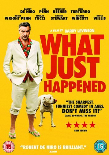 Robert De Niro in a suit and flip-flops stands next to a dog on yellow.