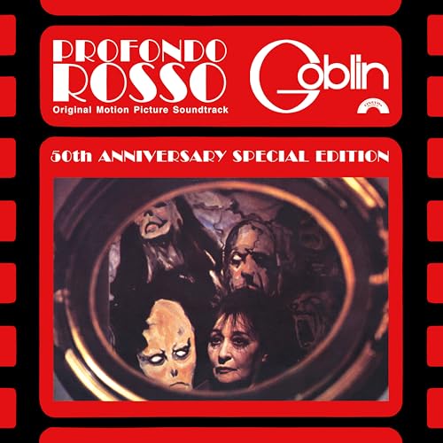 Record cover for "Profondo Rosso" soundtrack featuring distressed faces in a dark oval.