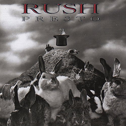 Rush’s “Presto” album cover: rabbits surrounding a hill with a magician’s hat.