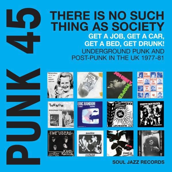 Blue album cover featuring text Punk 45 and a grid of vintage punk record sleeves.