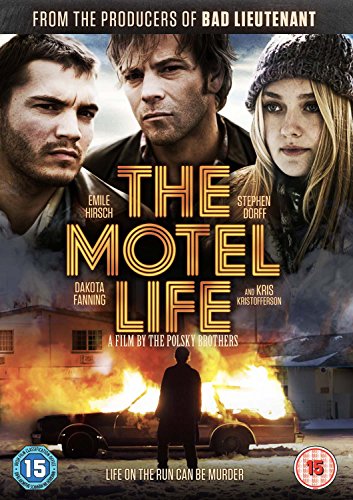 DVD cover for “The Motel Life” featuring three actors and a fiery backdrop.
