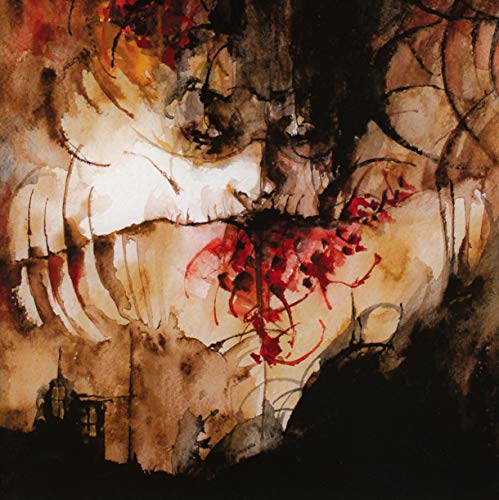 Abstract watercolor painting with a central, pale face and red accents.