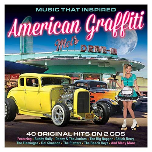 A yellow hot rod and a carhop waitress stand outside Mel's Drive-In at night.