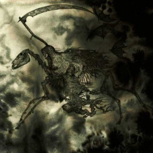 Dark, sketched image of a skeletal horseman with a scythe.