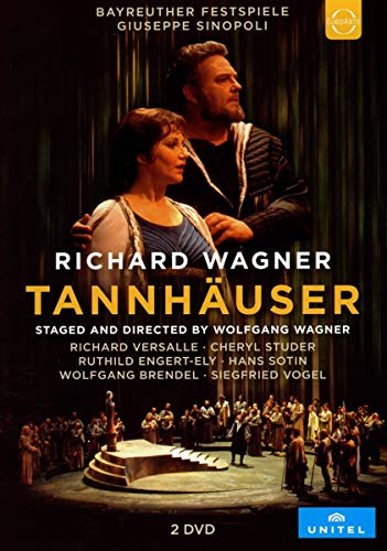 DVD cover for Wagner’s Tannhäuser opera, featuring two singers and a stage scene.