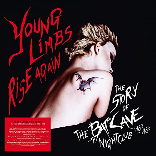 Record album cover: person’s back with bat tattoo, red and white text.