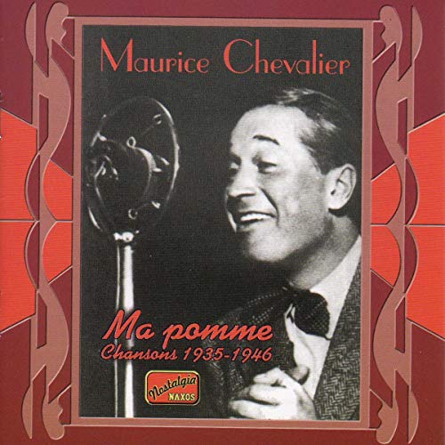 Maurice Chevalier portrait on CD cover, with vintage microphone and red frame.