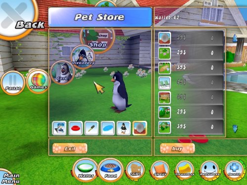 Game screenshot showing a cartoon penguin in a virtual pet store interface.