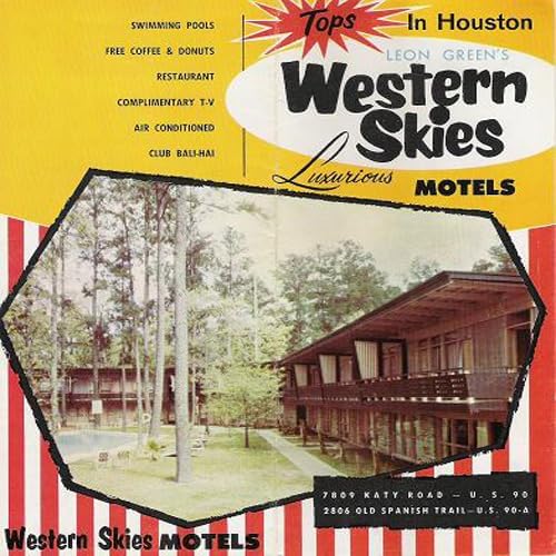 Vintage motel advertisement with a two-story building and trees.