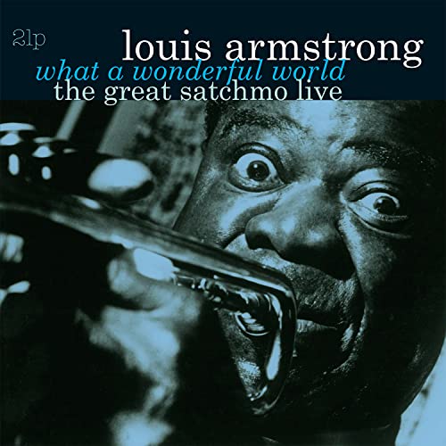 Louis Armstrong playing a trumpet on a blue-tinted vinyl album cover.
