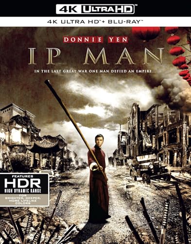 Ip Man Blu-ray cover: Donnie Yen stands with a staff amid wartime ruins.