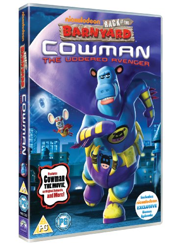 DVD cover for "Back At The Barnyard - Cowman" featuring a blue cow superhero.
