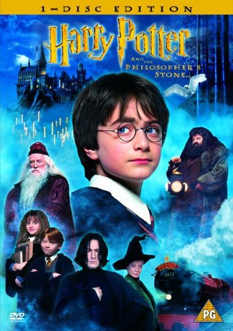“Harry Potter and the Philosopher’s Stone” DVD cover with characters and Hogwarts.