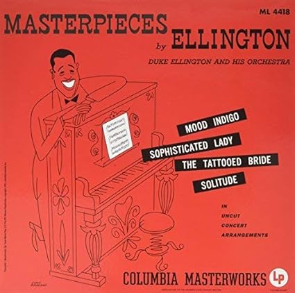 Red vinyl record cover featuring Duke Ellington at a piano, with song titles.