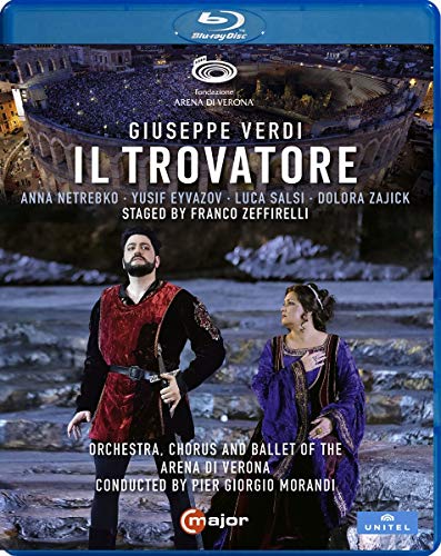 Blu-ray cover for Verdi’s *Il Trovatore* opera, featuring singers and arena.