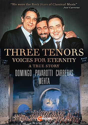 DVD cover featuring portraits of Domingo, Pavarotti, and Carreras with an orchestra.
